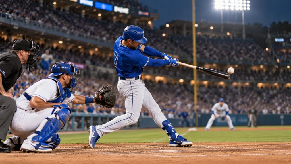 Blue Jays vs Dodgers Baseball Matchup Blue Jays vs Dodgers inspired baseball batter making contact with a pitch during a stadium game