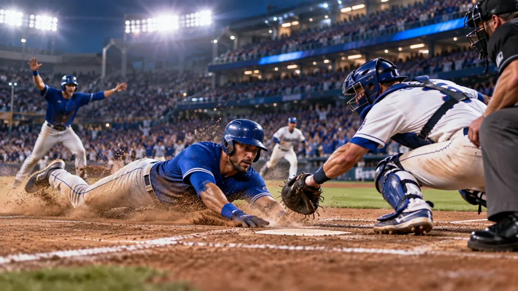 Blue Jays vs Dodgers Championship Baseball Matchup Blue Jays vs Dodgers baseball matchup with a runner sliding toward home plate during a tense game
