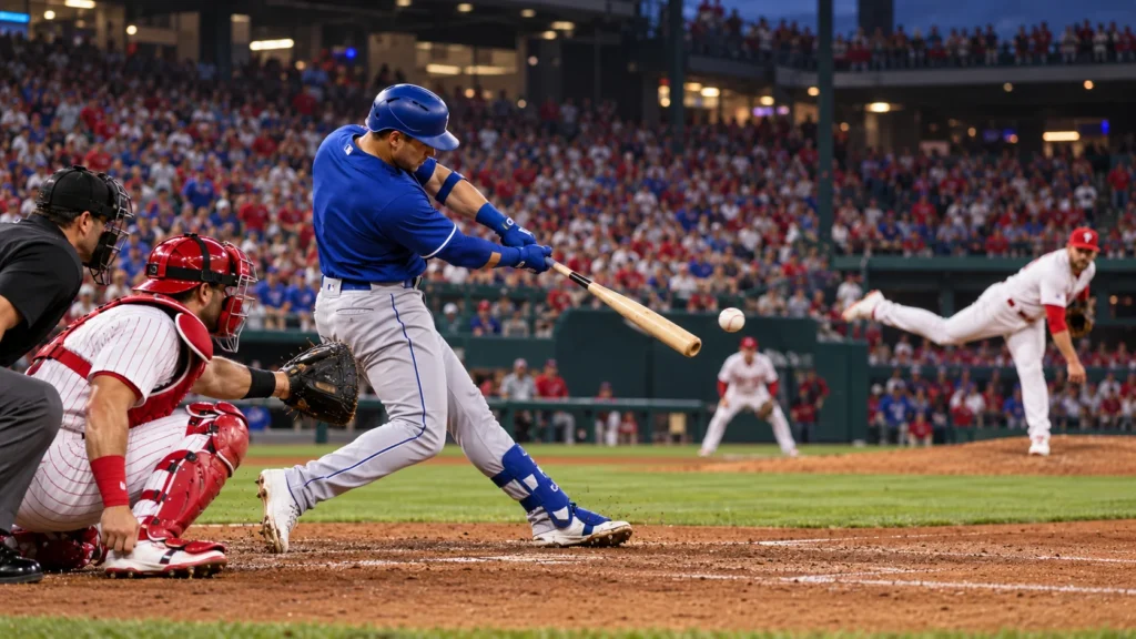 Dodgers vs Phillies inspired baseball batter swinging at a pitch during a professional baseball game