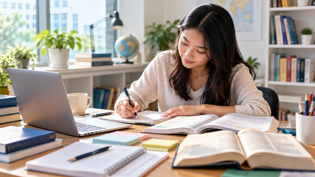English learner practicing grammar, spelling and sentence writing at a study desk