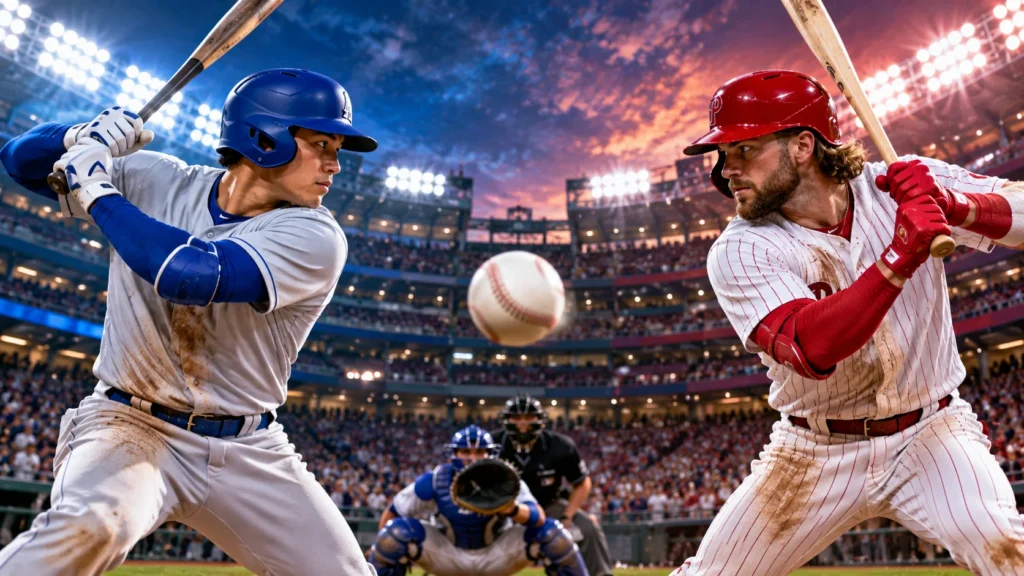 Dodgers vs Phillies baseball rivalry in a packed stadium under bright lights
