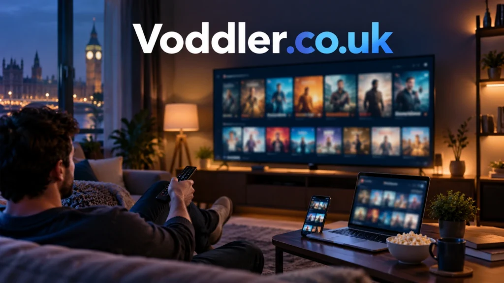 Voddler.co.uk online digital entertainment and movie streaming concept in a modern UK living room