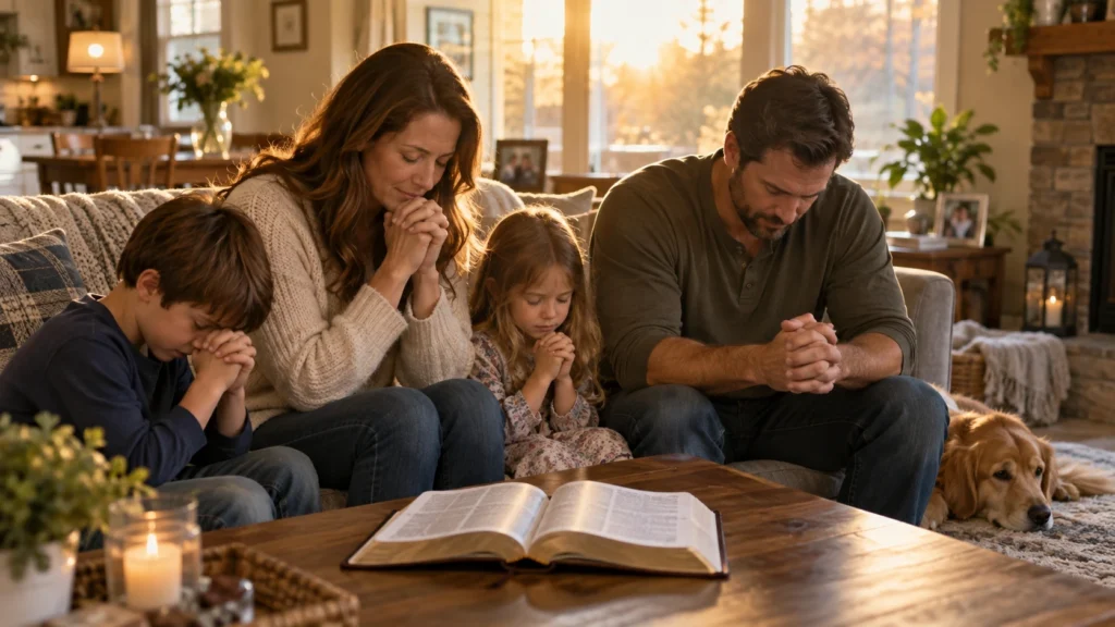 Family praying together for protection in the afternoon