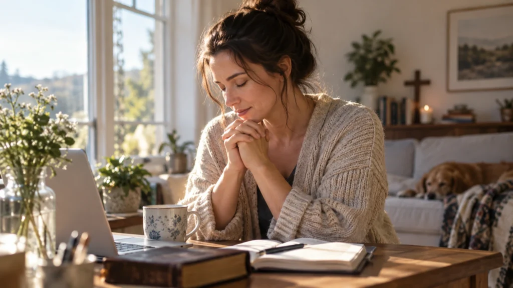 Woman praying for peace and strength in the afternoon