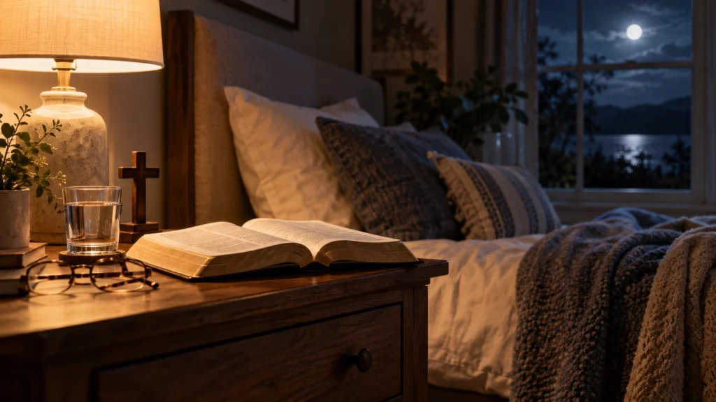 Open Bible for Scripture reading and night prayer before bed