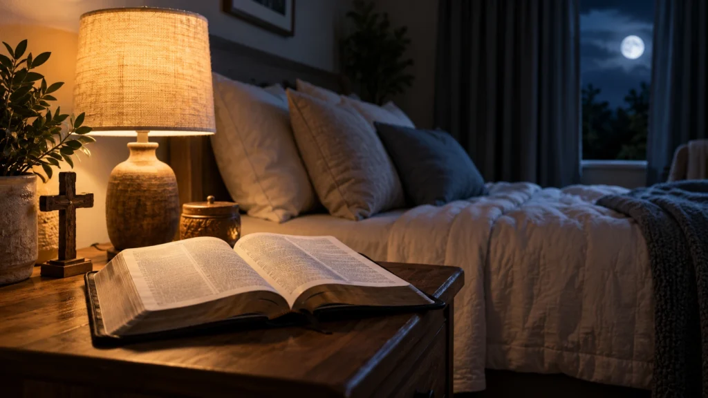 Bible verses for protection at night with an open Bible