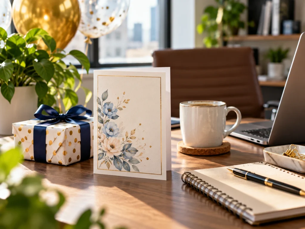 Birthday card and gift for a boss on an office desk