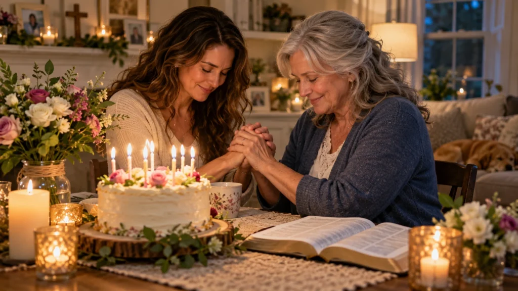 Friends praying together beside a birthday cake and Bible