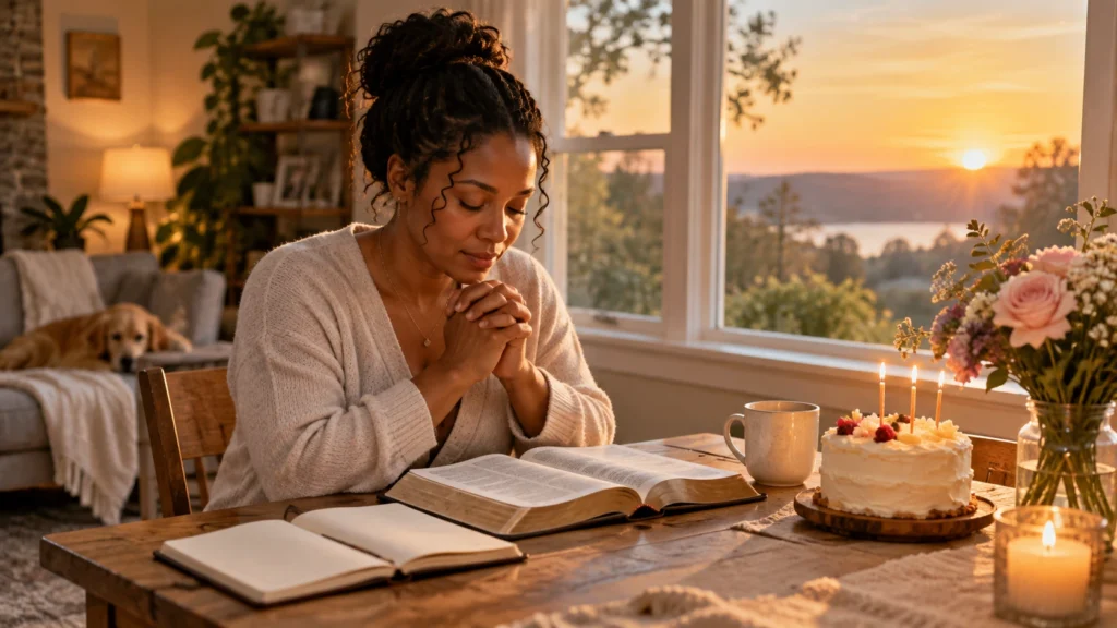 Person praying on their birthday beside an open Bible