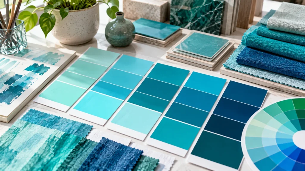 Cyan vs Turquoise vs Teal vs Aqua Color Comparison Cyan, turquoise, teal, aqua and blue-green color shades compared using professional design swatches