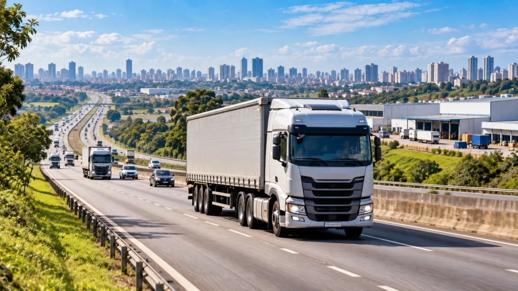 Transjoaimo Road Freight Transportation in Brazil Commercial freight truck traveling on a major highway near São Paulo, Brazil, representing road transportation and logistics.