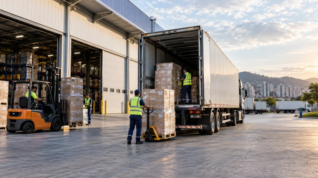 Transjoaimo Road Freight and Logistics in Brazil Transjoaimo road freight logistics with cargo truck being loaded at a modern warehouse in Brazil