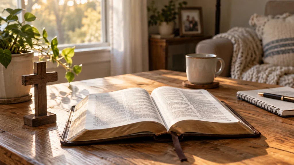 Christian afternoon prayer with an open Bible