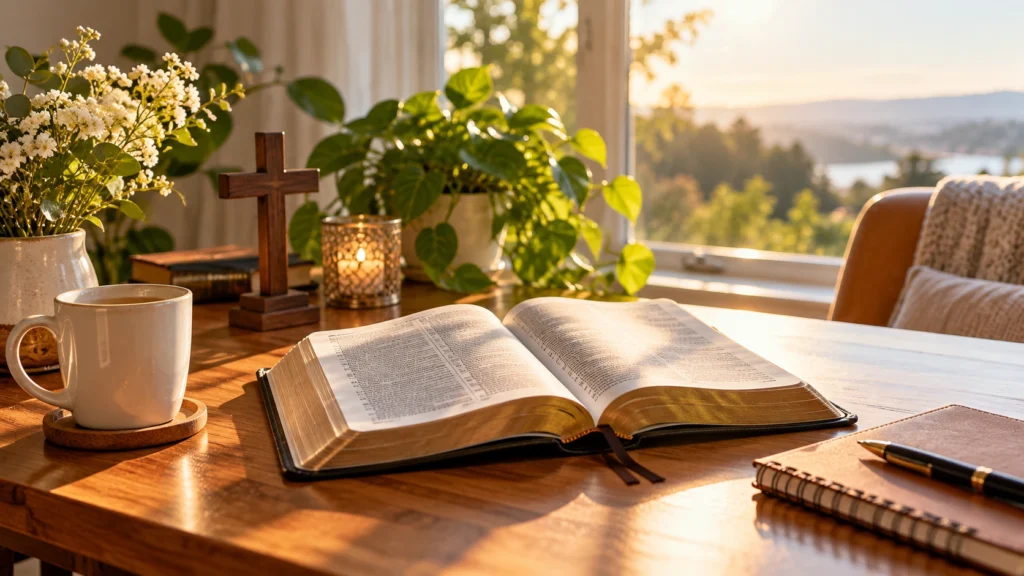 Christian good afternoon blessings with an open Bible and prayer setting