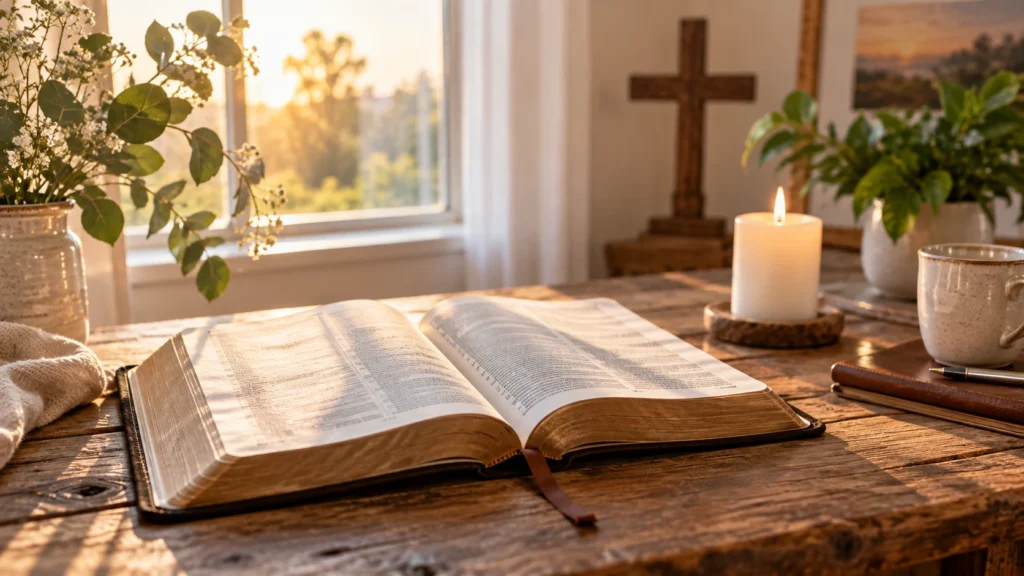 Open Bible representing Christian thankful Tuesday blessings