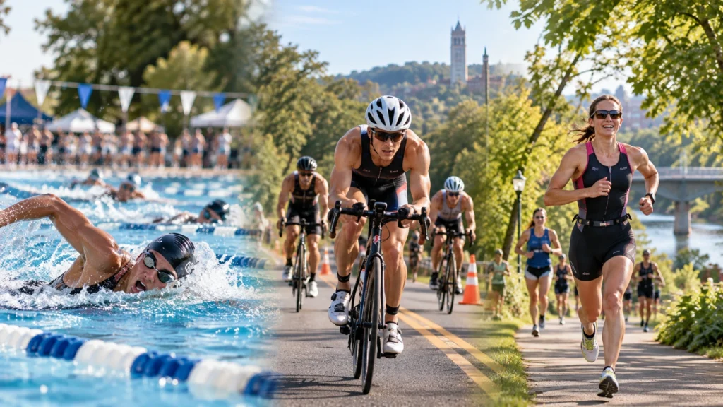 Swimming, Cycling and Running Triathlon Stages Athletes competing in swimming, cycling and running stages of a short-distance community triathlon.