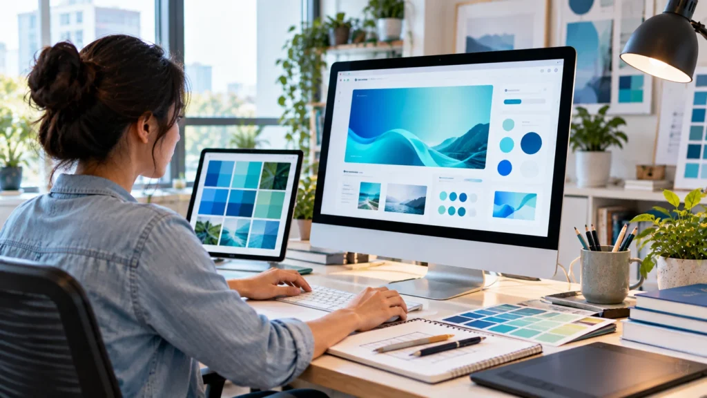 Cyanová Digital Design and Cyan Color Concept Modern designer workspace featuring a cyan-inspired website interface with blue-green gradients