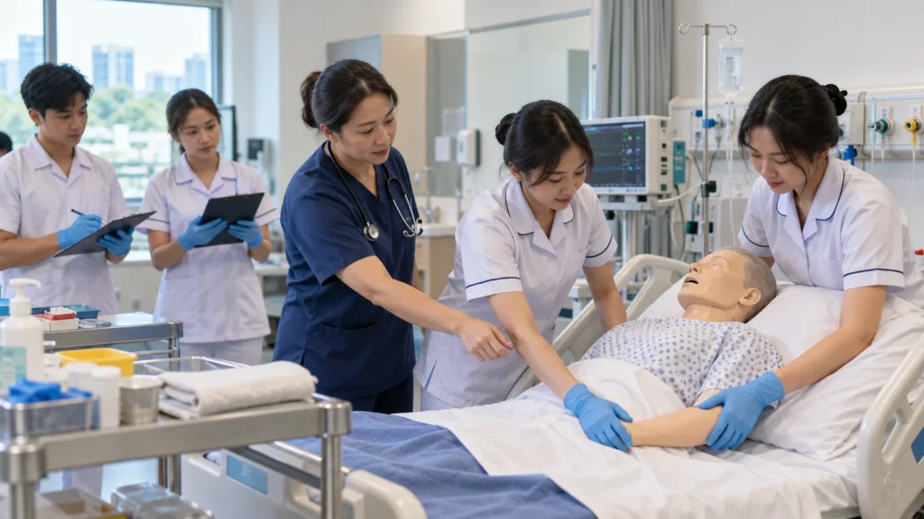 Nursing students practicing fundamental patient care skills in a clinical simulation lab