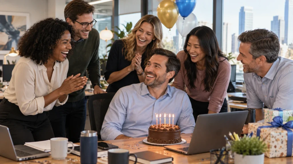 Funny birthday greetings for a boss with coworkers at the office