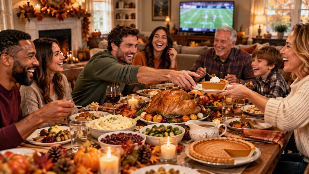 Friends and family enjoying a funny Thanksgiving celebration with turkey and pie