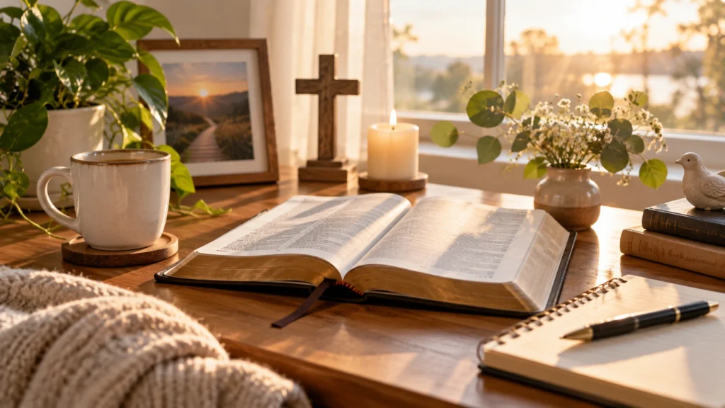 Good afternoon blessings with Bible verses and a peaceful prayer setting