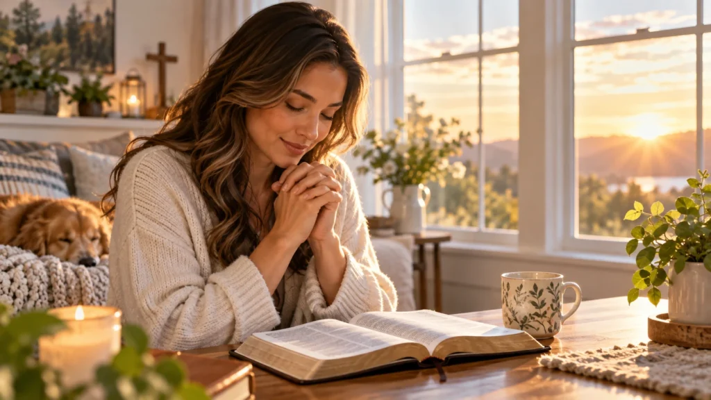 Good morning Bible blessing with woman praying beside an open Bible