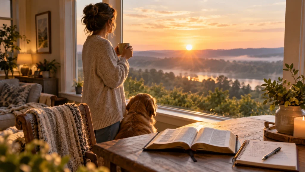 Good morning Monday blessing with sunrise, Bible, and coffee
