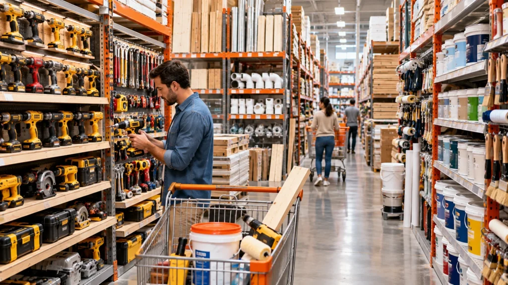 The Home Depot Home Improvement Shopping Customer shopping for power tools and home improvement supplies in a large American hardware store