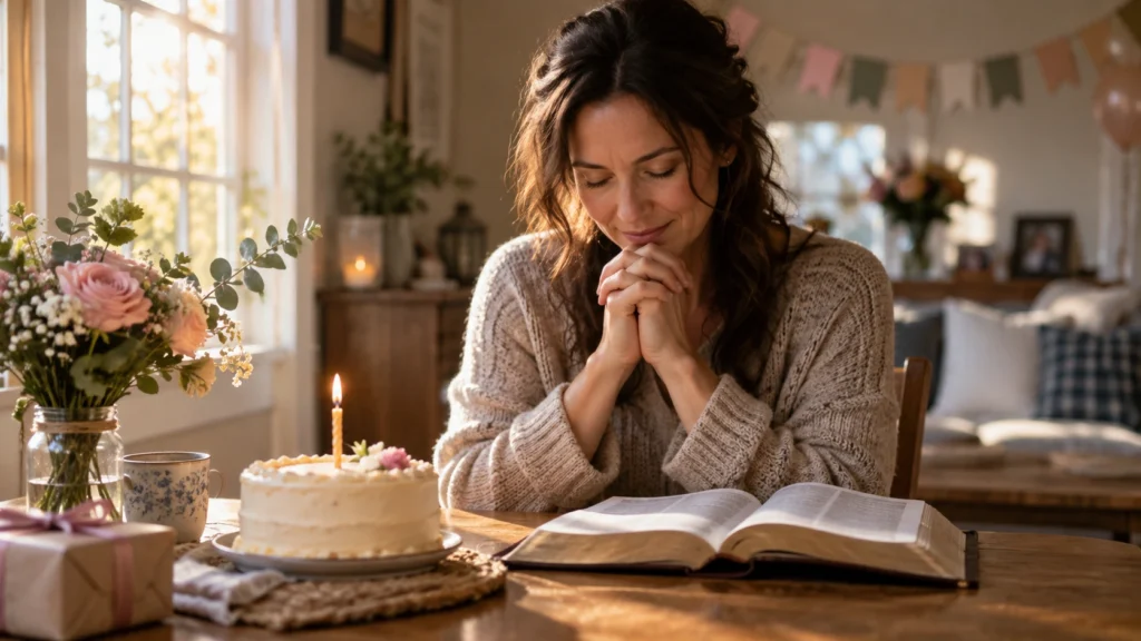 Person praying beside a birthday cake and open Bible