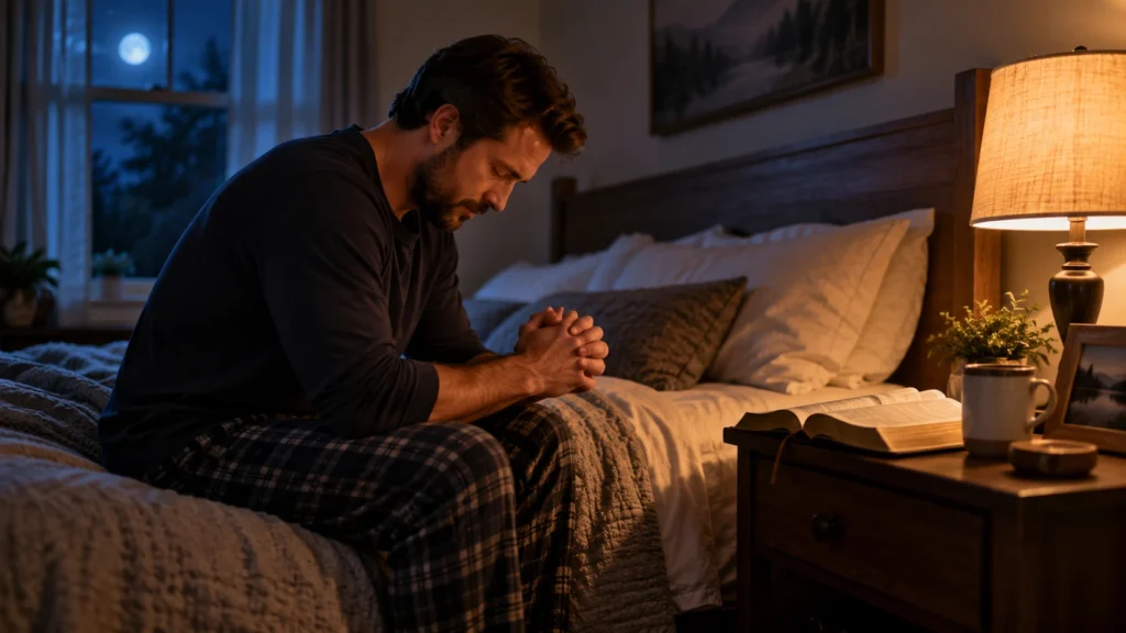 Person saying a heartfelt night prayer before sleep with an open Bible