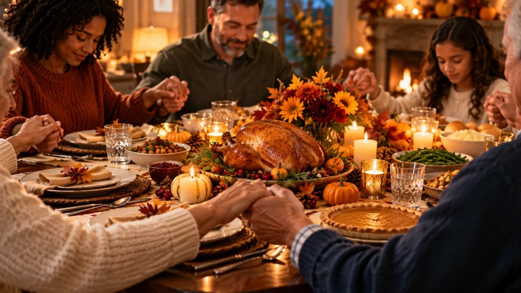Family sharing a moment of gratitude around a Thanksgiving table
