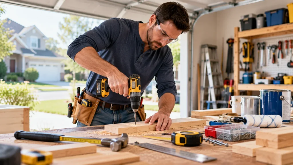 DIY Home Renovation Project American homeowner using a cordless drill for a DIY home renovation project in a garage workshop