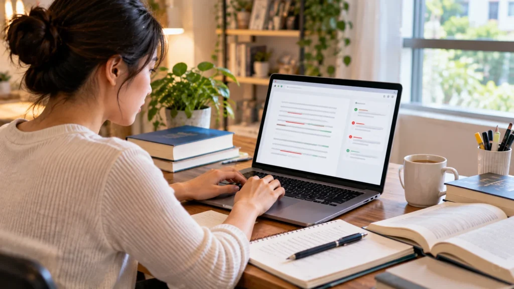 Young adult checking English writing and grammar on a laptop at home