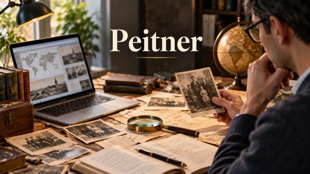 Peitner name research with old family documents, archival photographs, laptop and magnifying glass exploring its history and possible origins.