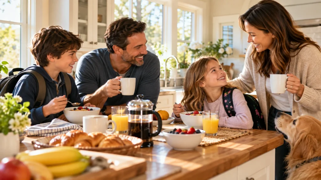 American family sharing a peaceful Monday morning together