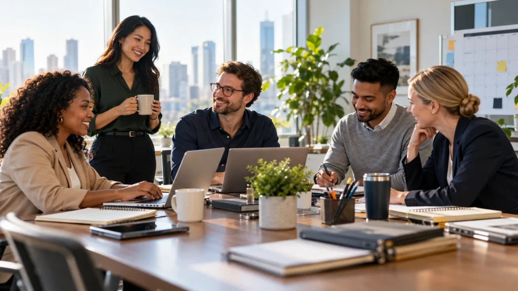 Coworkers starting a new workweek together on Monday morning