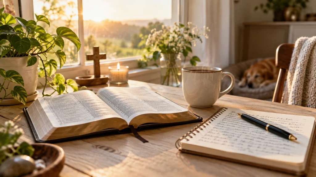 Monday morning Bible blessing with prayer journal and coffee