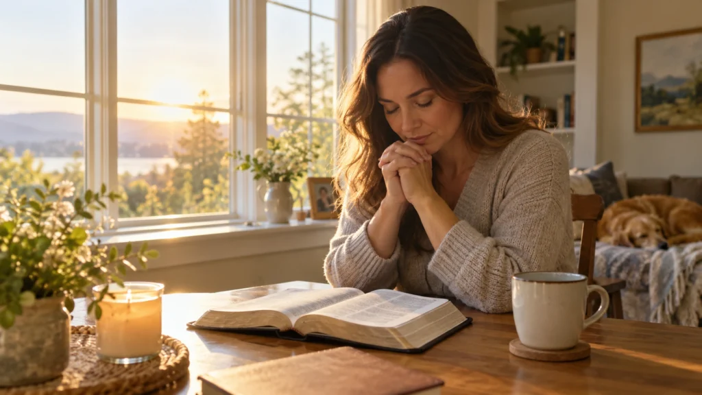 Person praying beside an open Bible on Monday morning