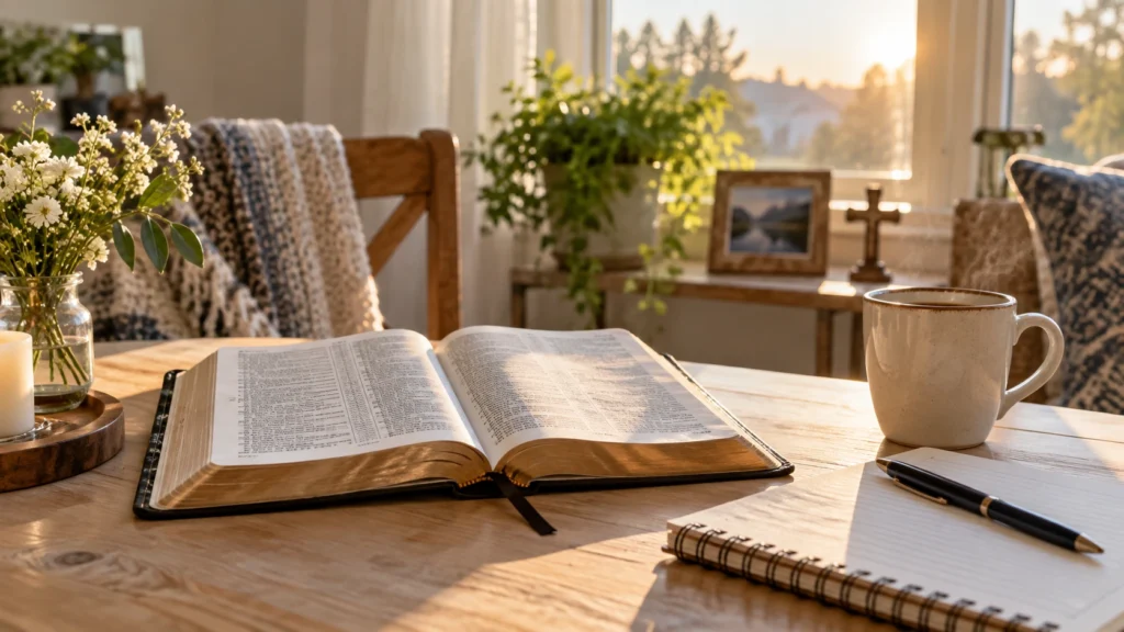 Morning Bible verses with open Scripture and journal