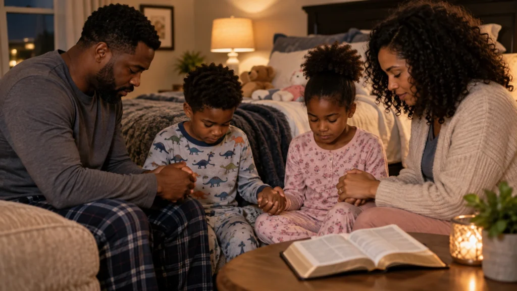Family praying together at night for God's protection and guidance