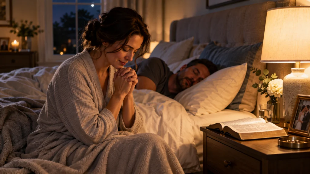 Woman praying for her husband at night beside their bed
