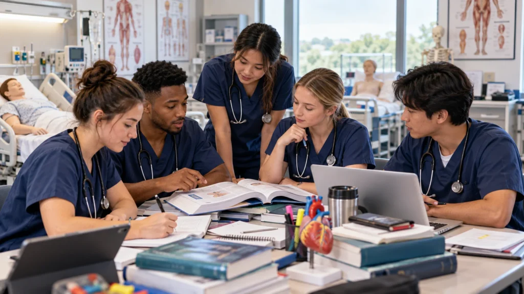 Nursing students studying together for RN Fundamentals exam preparation in a clinical classroom