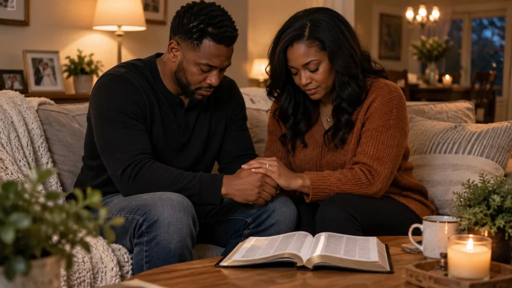 Christian couple praying together for their marriage