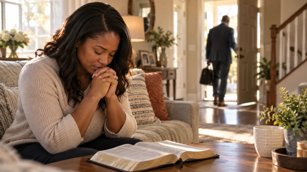 Woman praying for her husband's protection before work