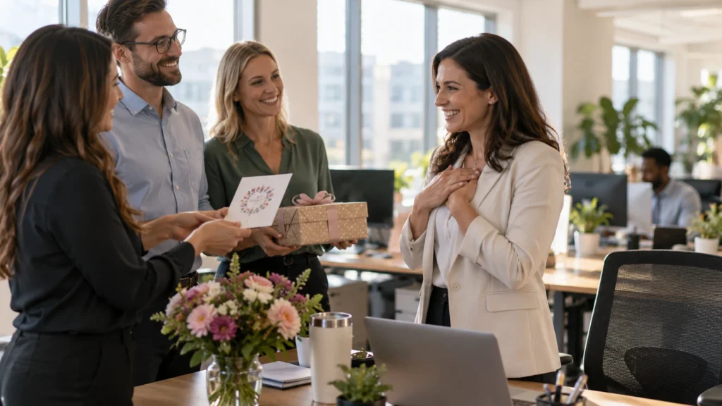 Professional birthday wishes for a boss from coworkers in an office