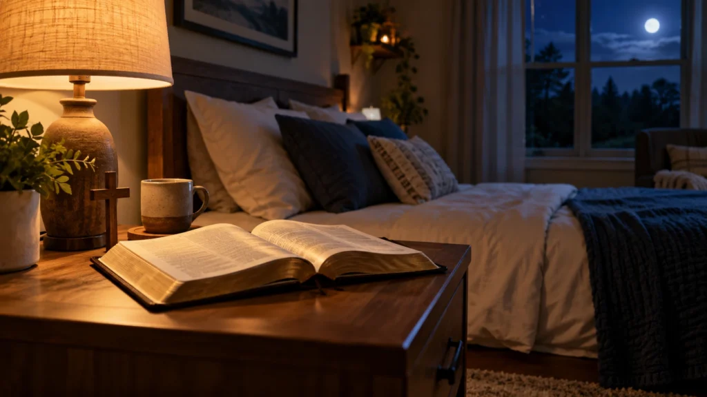 Psalm 4:8 good night Bible verse beside a bed