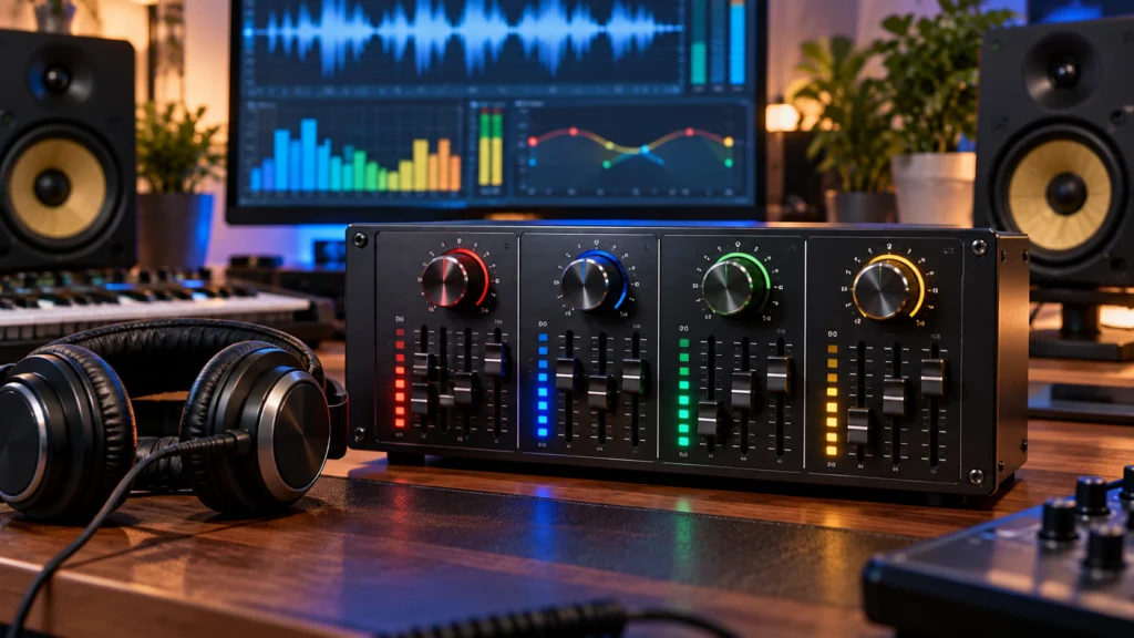 Quad equalizer with four-band audio EQ controls in a home studio