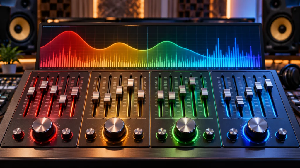 Four quad equalizer bands for bass, mids, and treble control
