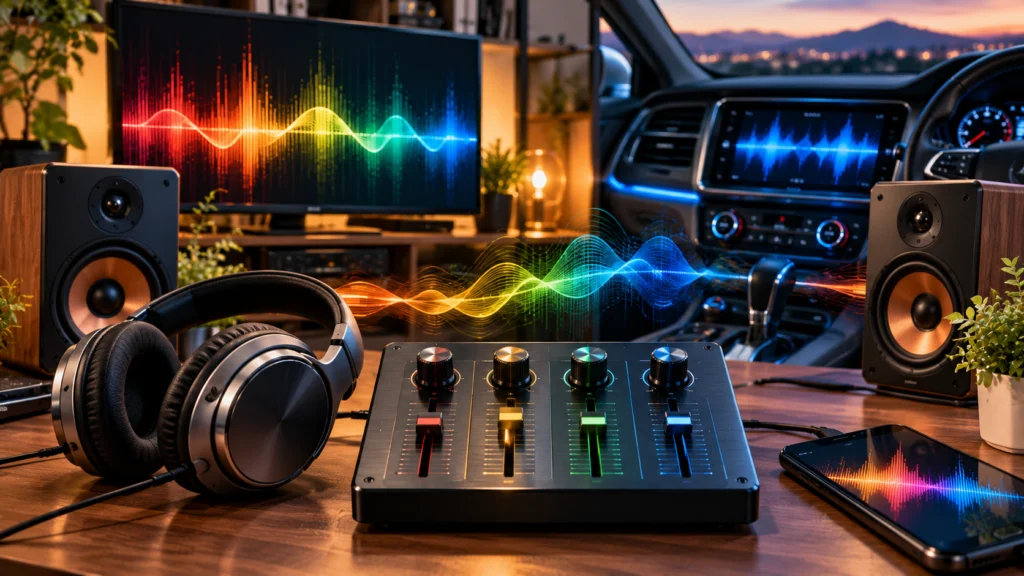 Quad equalizer used with headphones, speakers, and car audio