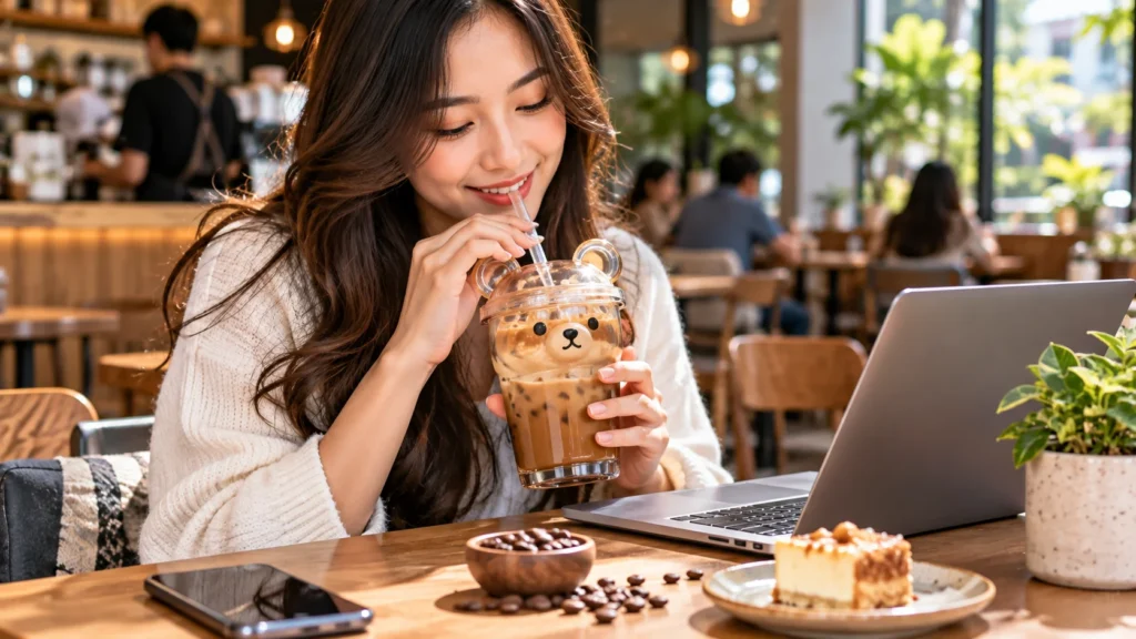 Starbucks Bear Cup Iced Coffee Cute bear-themed reusable cup with iced coffee in a modern café